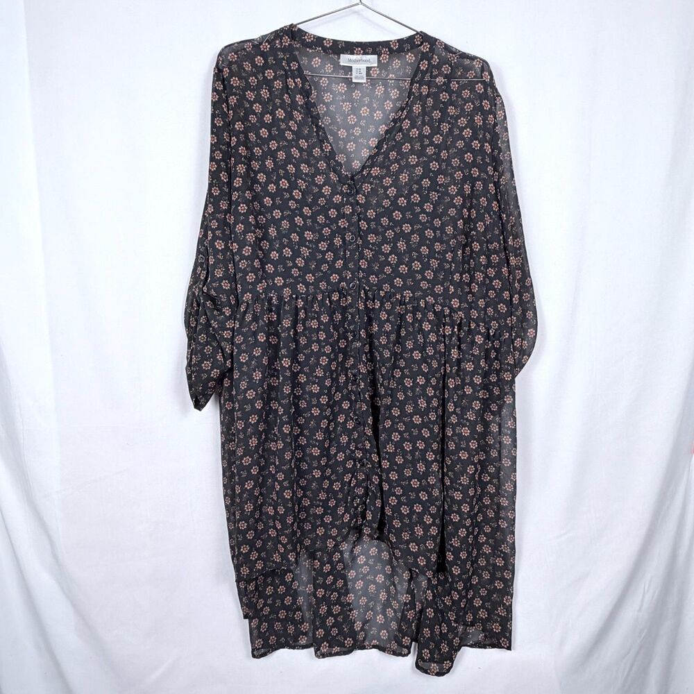 Motherhood Maternity Black Plus Size High-Low Floral Print Semi Sheer Blouse 2X